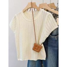 批发<b class='q'>针织衫</b>女短袖2026夏季新款圆领镂空轻薄短款打底设计感纯色上衣女