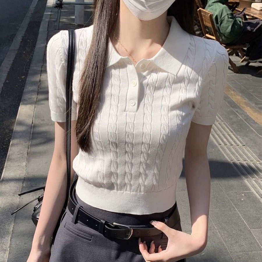 레트로 니트 스웨터 반팔 티셔츠 여성 여름 얇은 스타일 캐주얼 POLO 칼라 꽈배기 긍정적 인 어깨 작은 키 쇼트 스타일 맨위