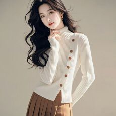 批发设计感高领白色长袖<b class='q'>羊绒</b>毛衣女秋冬新款高级感气质针织打底衫上衣