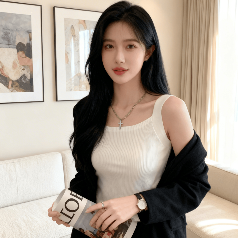 실사 캐미솔 인터넷 유명인 쇼트 스타일 화이트 한국 스타일 인사이드 가져 가라. 다용도 만나는 작은 슬링 점심 시간 맨위