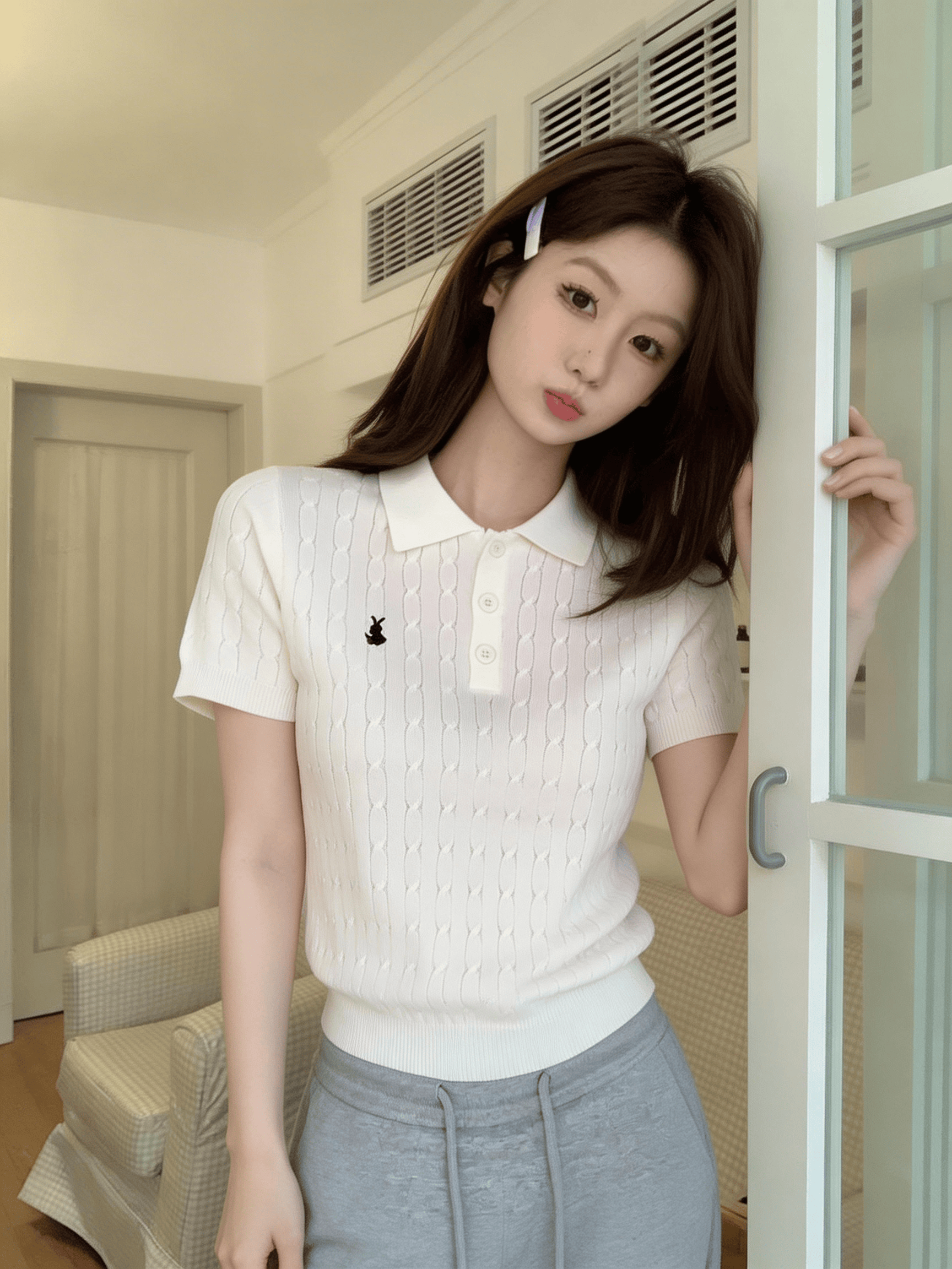봄 새로운 버클리 학원 스타일 POLO 칼라 자수 반팔 티셔츠 니트 스웨터 여성 몸매 가꾸기 달콤한 매운맛 맨위