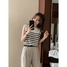 批发冰丝条纹针织<b class='q'>背心女</b>夏季内搭打底吊带法式别致无袖小坎肩上衣外穿