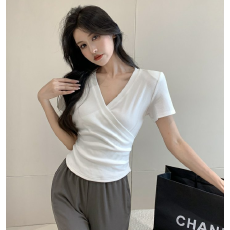批发打底衫女短袖韩版百搭设计感t恤女新款法式交叉修身螺纹棉V领上衣