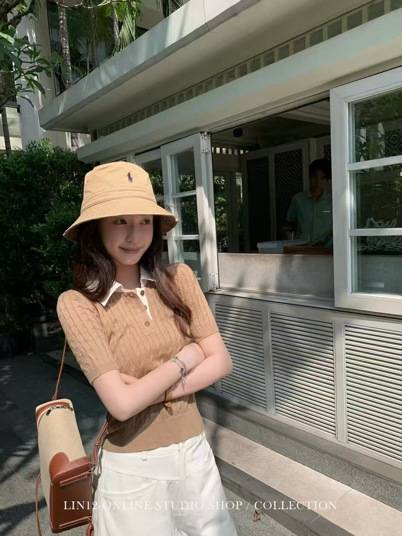 lin12-ivy style 레트로 POLO 칼라 꽈배기 반팔 양모 니트 스웨터 오래된 돈 긍정적 인 어깨 몸매 가꾸기 맨위