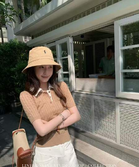 lin12-ivy style 레트로 POLO 칼라 꽈배기 반팔 양모 니트 스웨터 오래된 돈 긍정적 인 어깨 몸매 가꾸기 맨위