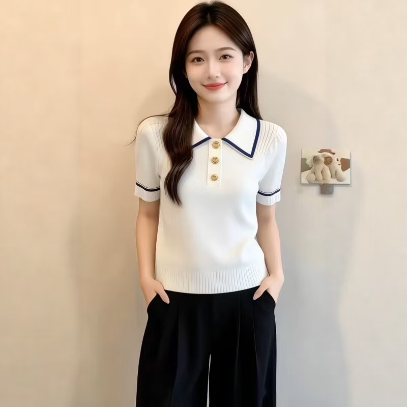 2026 여름 새로운 POLO 칼라 배색 패치워크 반팔 티셔츠 여성 세련된 몸매 가꾸기 슬림해 보이는 니트 연령 감소 맨위
