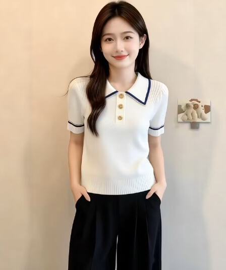 2026 여름 새로운 POLO 칼라 배색 패치워크 반팔 티셔츠 여성 세련된 몸매 가꾸기 슬림해 보이는 니트 연령 감소 맨위