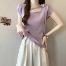 批发立体<b class='q'>花朵</b>针织T恤女夏季新款小众修身显瘦设计感方领短袖甜美上衣