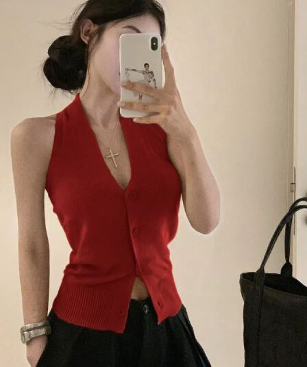 프랑스식 니트 행침 목 슬립 작은 조끼 여성 여름 디자인 센스 작은 대중 달콤한 핫걸 백리스 쇼트 스타일 맨위 여성 의류