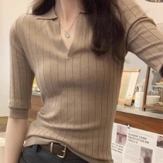 批发2026夏季新款气质polo领修身<b class='q'>中袖</b>针织衫女T恤独特设计感纯欲<b class='q'>上衣</b>