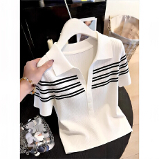 批发条纹半开领潮流短袖<b class='q'>T</b>恤女2026夏季新款设计感高级感洋气漂亮上衣