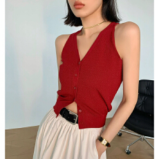 批发WANGXO复古红色无袖针织背心女夏季新款修身显瘦短款气质辣妹上衣
