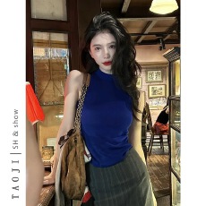批发蓝色无袖针织背心春夏季新款<b class='q'>设计</b>感小众修身纯欲性感辣妹打底上衣