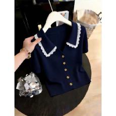 批发2026夏季新款爆款洋气藏蓝色蕾丝花边针织衫高级感短袖<b class='q'>上衣</b><b class='q'>衬衫</b>女