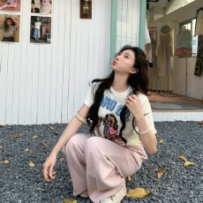 批发复古风童趣提花短袖<b class='q'>针织衫</b>女2026夏季新款美式辣妹风修身短款上衣