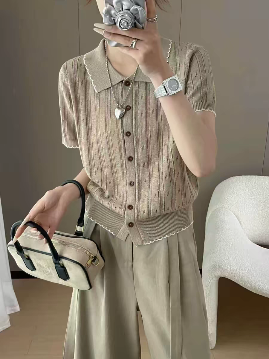 패치워크 색상 폴로 칼라 얇은 스타일 반팔 티셔츠 여성 루즈핏 여름 드레스 새로운 한 부서 다용도 싱글 줄 버튼 니트 오픈 가디건 맨위