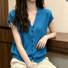 批发松弛感V领排扣小飞袖针织开衫2026夏季新款法式气质绝美上衣女装