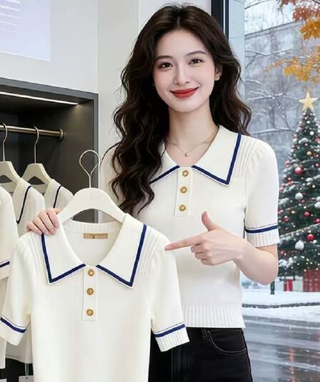 2026 여름 새로운 폴로 칼라 패션 반팔 외국 가스 털 니트 스웨터 여성 품격 몸매 가꾸기 슬림해 보이는 고급 센스 맨위
