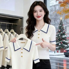 批发2026夏季新款翻领时尚短袖洋气毛针织衫女气质修身显瘦高级感上衣