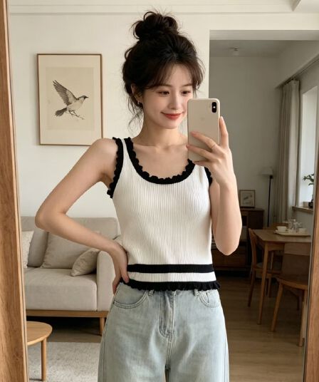 느긋한 바람 배색 프릴 민소매 캐미솔 여름 새로운 캐주얼 바람 패션 연령 감소 맨위