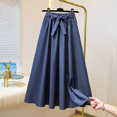 批发大码牛仔半身裙女2026春夏新款抽绳高腰显瘦百搭松紧腰中长裙子潮