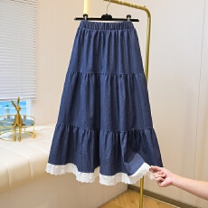 批发蕾丝拼接牛仔半身裙女2026春季新款宽松<b class='q'>百搭</b>膝盖裙韩版中长款伞裙