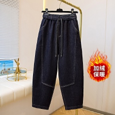 批发<b class='q'>冬</b>季加绒加厚松紧腰牛仔裤女宽松显瘦哈伦萝卜裤系带高腰老爹裤子