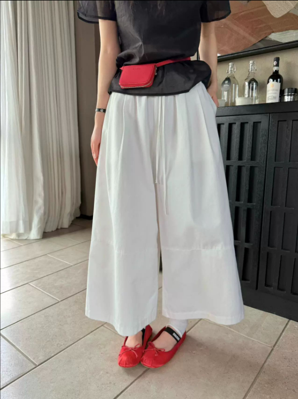 레이스 허리밴드 넓은 다리 9부 바지 여성 2026 봄 여름 새로운 빅 사이즈 루즈핏 슬림해 보이는 미니멀리즘 캐주얼 스트레이트 팬츠