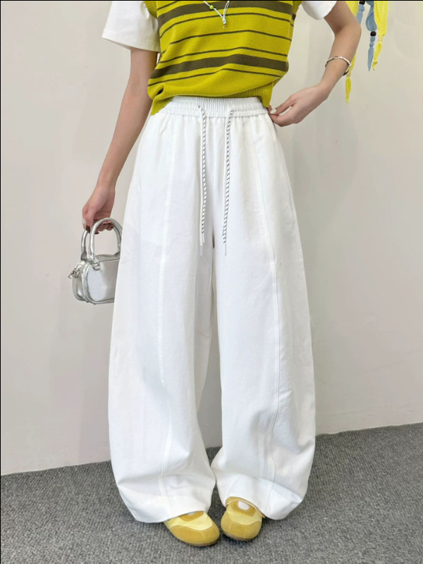 유럽 역 캐주얼 바지 여성 2026 봄 새로운 하이웨이스트 펌프 로프 루즈핏 와이드 레그 팬츠 느긋한 바람 느슨함 모통이 칼 바지