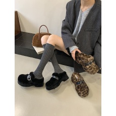批发设计感小众豹纹包头半拖毛毛鞋女外穿懒人一脚蹬加绒粗跟穆勒鞋子