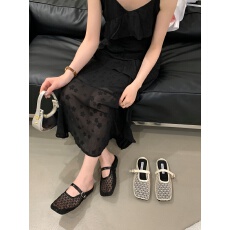 小众双层网纱镂空凉鞋女2026年新款方头蝴蝶结浅口玛丽珍网包拖鞋