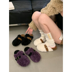 批发一脚蹬包头半拖鞋休闲勃肯鞋女秋<b class='q'>冬</b>新款厚底加绒保暖外穿毛毛拖鞋