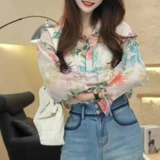批发韩版夏季碎花衬衫原宿风休闲薄款上衣长袖打底衬衣女外套