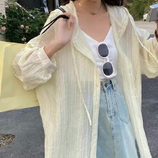 批发韩版夏季连帽条纹衬衫休闲宽松懒惰风防晒衣女宽松外套女衬衣