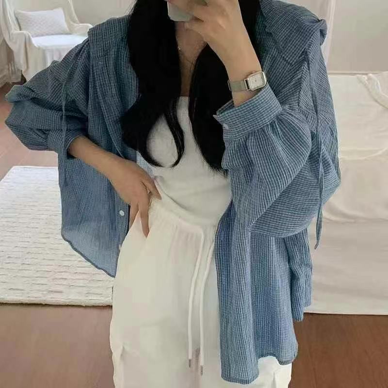 체크무늬 후드 자외선 차단 의류 여성 한국 스타일 봄 여름 캐주얼 루즈핏 게으른 바람 맨위 셔츠 다용도 여성 코트 셔츠