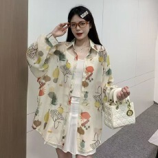 批发韩版夏季大码宽松懒惰风涂鸦印花衬衫原宿风防晒衣女外套上衣衬衣