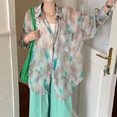 批发实拍韩版春季涂鸦印花上衣女休闲宽松衬衫百搭防晒衣女衬衣外套潮