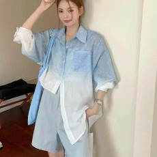 批发韩版夏季渐变色衬衫设计感休闲懒惰风<b class='q'>防晒</b>衣女宽松外套上衣衬衣潮