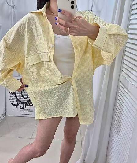 한국 스타일 가을 좋은 체크무늬 빅 포켓 셔츠 게으른 바람 캐주얼 긴팔 자외선 차단 의류 맨위 여성 재킷 셔츠 트렌디