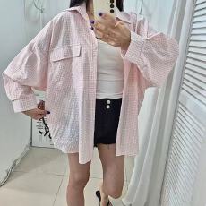 批发韩版夏季细格子大口袋衬衫懒惰风休闲长袖<b class='q'>防晒</b>衣上衣女外套衬衣潮