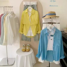 批发韩版夏季原宿风休闲宽松糖果色防晒衣衬衫懒惰沙滩休闲衬衣女上衣