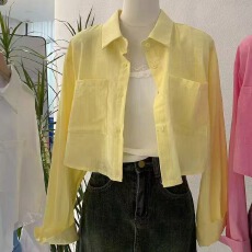 批发韩版夏季<b class='q'>短款</b>双口袋长袖衬衫休闲小众时尚衬衣宽松女百搭披肩外套