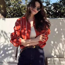 批发韩版春季红色条纹衬衫原宿风长袖休闲上衣小众时尚防晒衣百搭衬衣