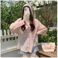 批发韩版夏季连帽纯色<b class='q'>防晒</b>衣女休闲宽松百搭原宿风百搭衬衫外套上衣潮