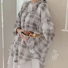 批发<b class='q'>韩版</b>夏季格子连帽宽松懒惰风防晒衣衬衫原宿风百搭长袖小众外套女