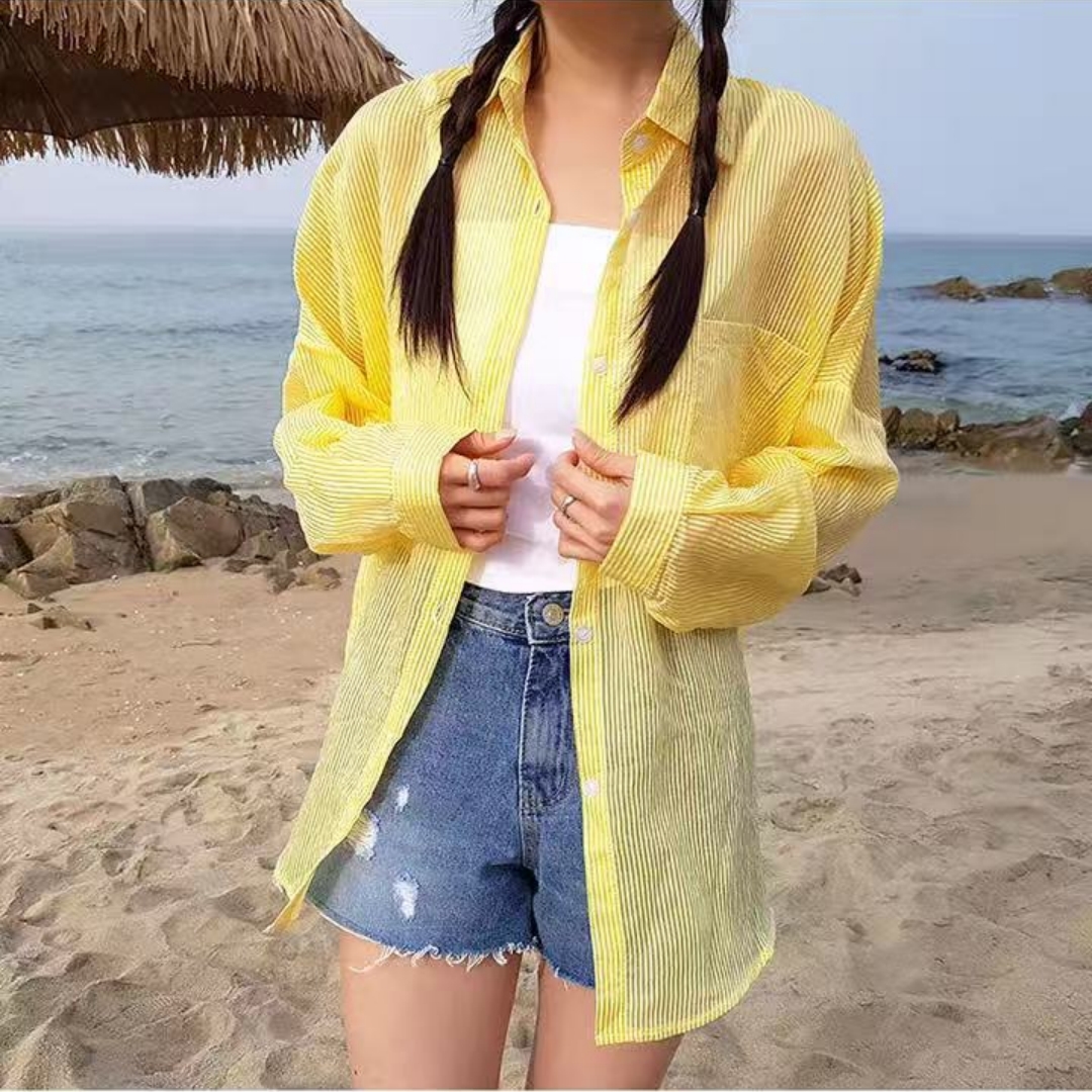 한국 스타일 여름 스트라이프 자외선 차단 의류 여성 루즈핏 게으른 바람 다용도 빅 사이즈 셔츠 캐주얼 여성 코트 셔츠