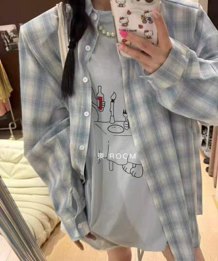 한국 스타일 봄 가을 체크무늬 하라주쿠 스타일 셔츠 캐주얼 작은 대중 루즈핏 게으른 다용도 패션 여성 코트 자외선 차단 셔츠