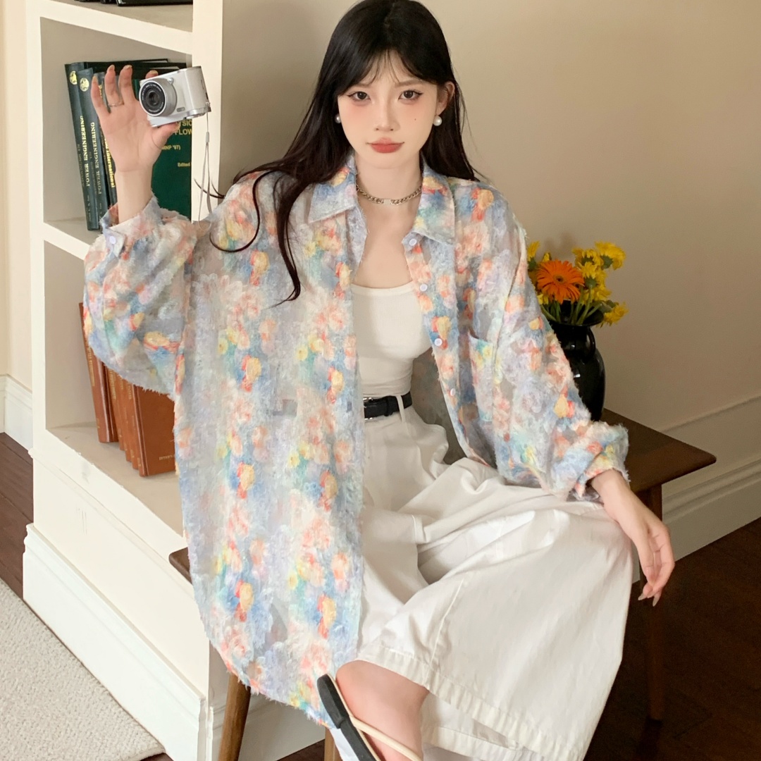 한국 스타일 여름 색상 자카드 얇은 스타일 원근법 설치 셔츠 디자인 센스 캐주얼 다용도 루즈핏 자외선 차단 의류 맨위 여성