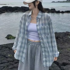 批发韩版<b class='q'>夏季</b>薄款格子衬衫宽松休闲原宿风复古上衣女<b class='q'>防晒衣</b>百搭外套