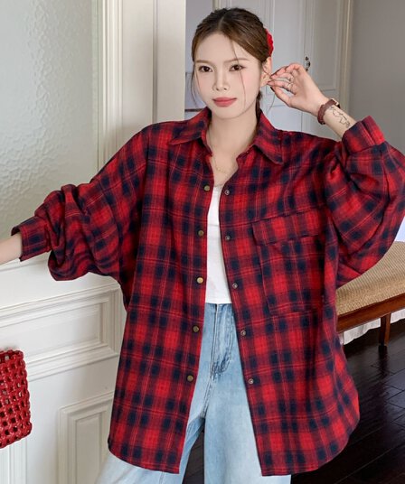 실사 한국 스타일 가을 빅 포켓 격자 무늬 셔츠 루즈핏 빅 사이즈 캐주얼 디자인 센스 다용도 맨위 여성 코트